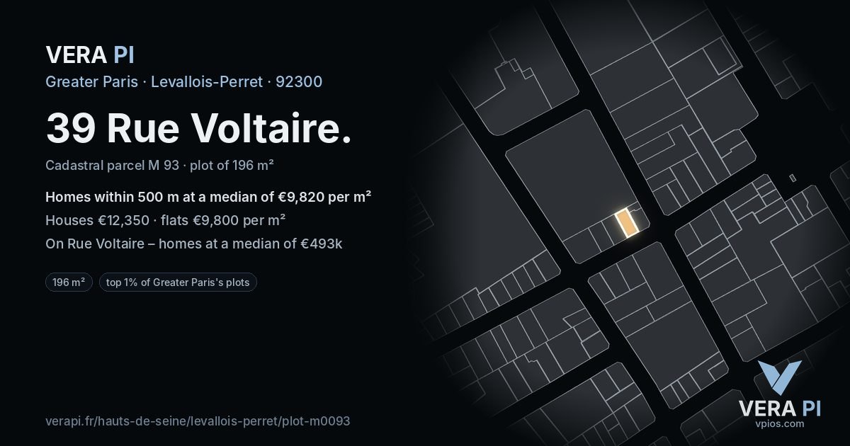 39 Rue Voltaire, Levallois-Perret at night – the plot lit, the parcels around coloured by the prices near them