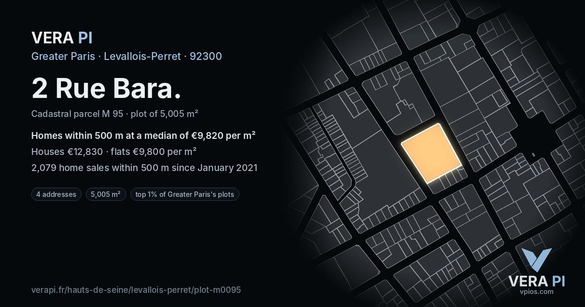 2 Rue Bara, Levallois-Perret at night – the plot lit, the parcels around coloured by the prices near them