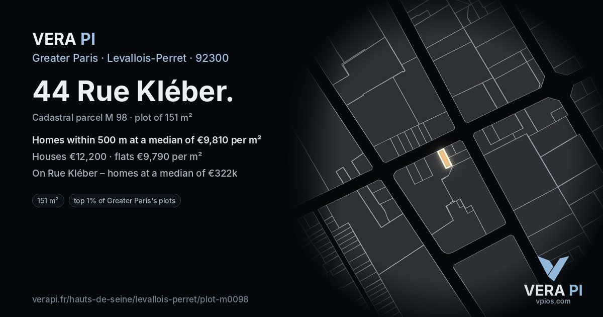 44 Rue Kléber, Levallois-Perret at night – the plot lit, the parcels around coloured by the prices near them