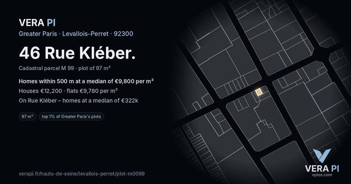46 Rue Kléber, Levallois-Perret at night – the plot lit, the parcels around coloured by the prices near them