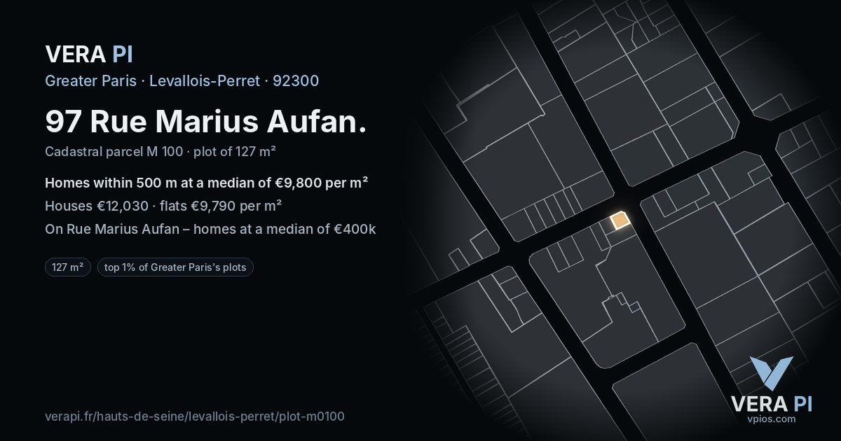 97 Rue Marius Aufan, Levallois-Perret at night – the plot lit, the parcels around coloured by the prices near them
