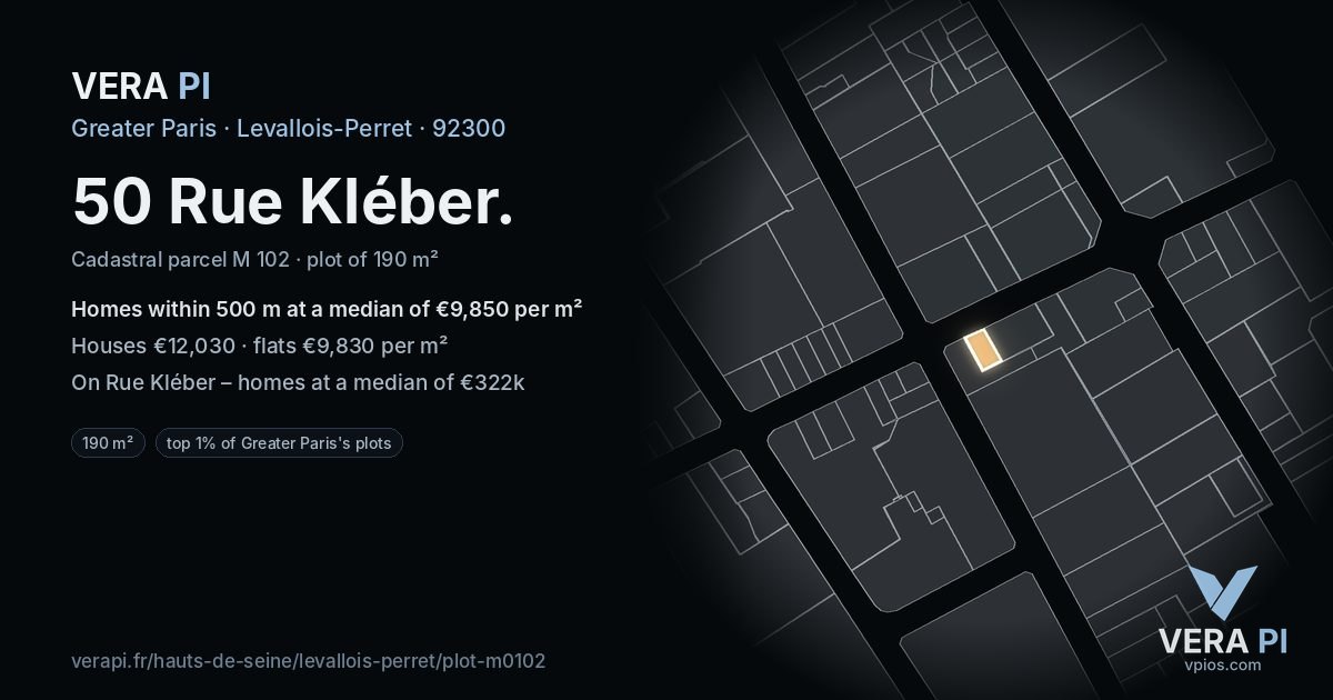 50 Rue Kléber, Levallois-Perret at night – the plot lit, the parcels around coloured by the prices near them