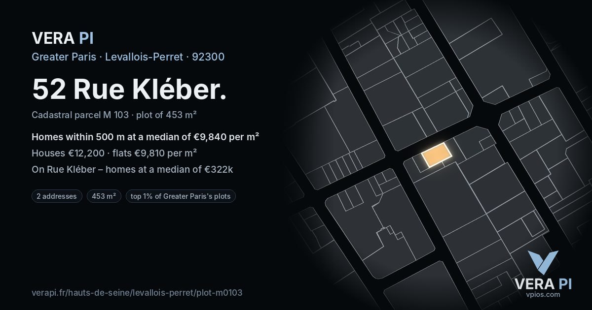 52 Rue Kléber, Levallois-Perret at night – the plot lit, the parcels around coloured by the prices near them