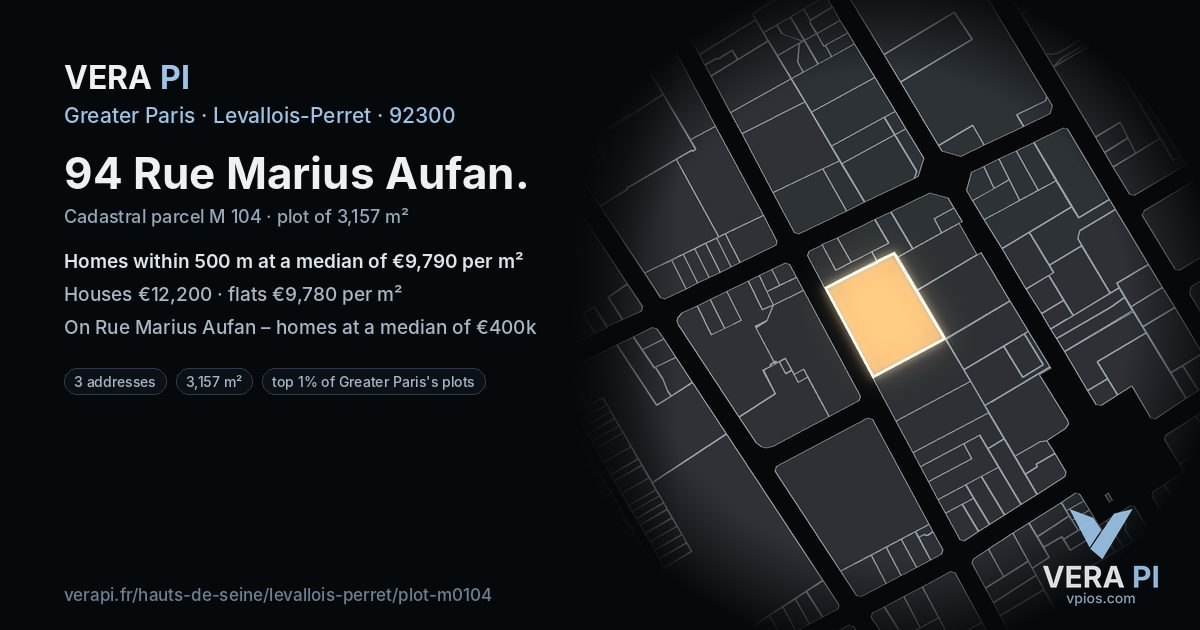 94 Rue Marius Aufan, Levallois-Perret at night – the plot lit, the parcels around coloured by the prices near them