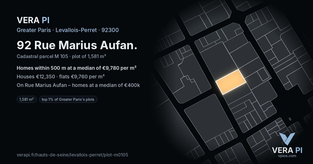 92 Rue Marius Aufan, Levallois-Perret at night – the plot lit, the parcels around coloured by the prices near them