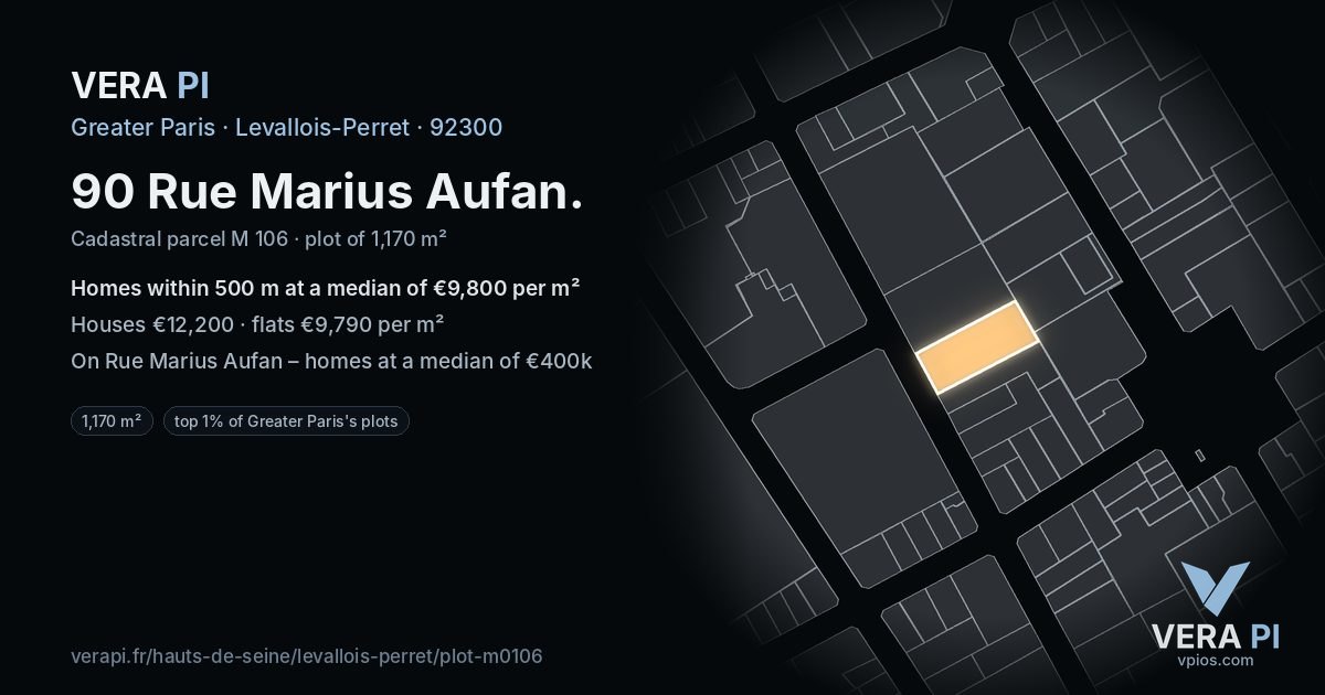 90 Rue Marius Aufan, Levallois-Perret at night – the plot lit, the parcels around coloured by the prices near them