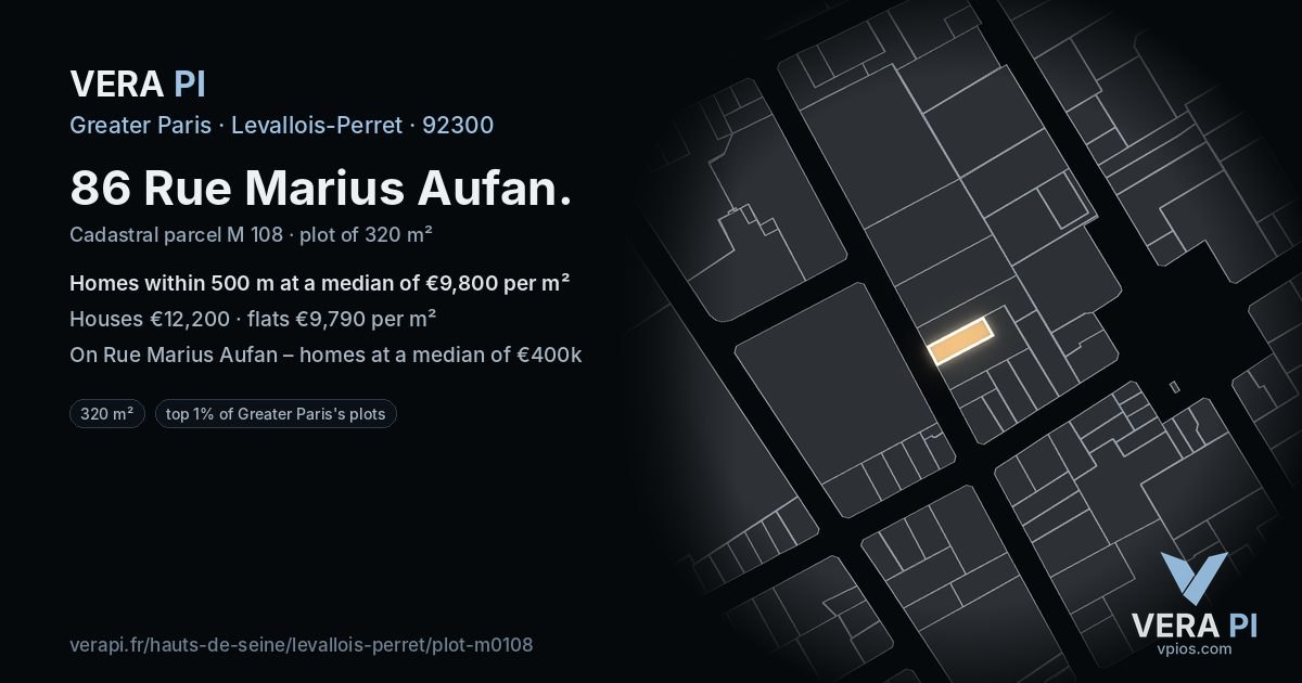 86 Rue Marius Aufan, Levallois-Perret at night – the plot lit, the parcels around coloured by the prices near them