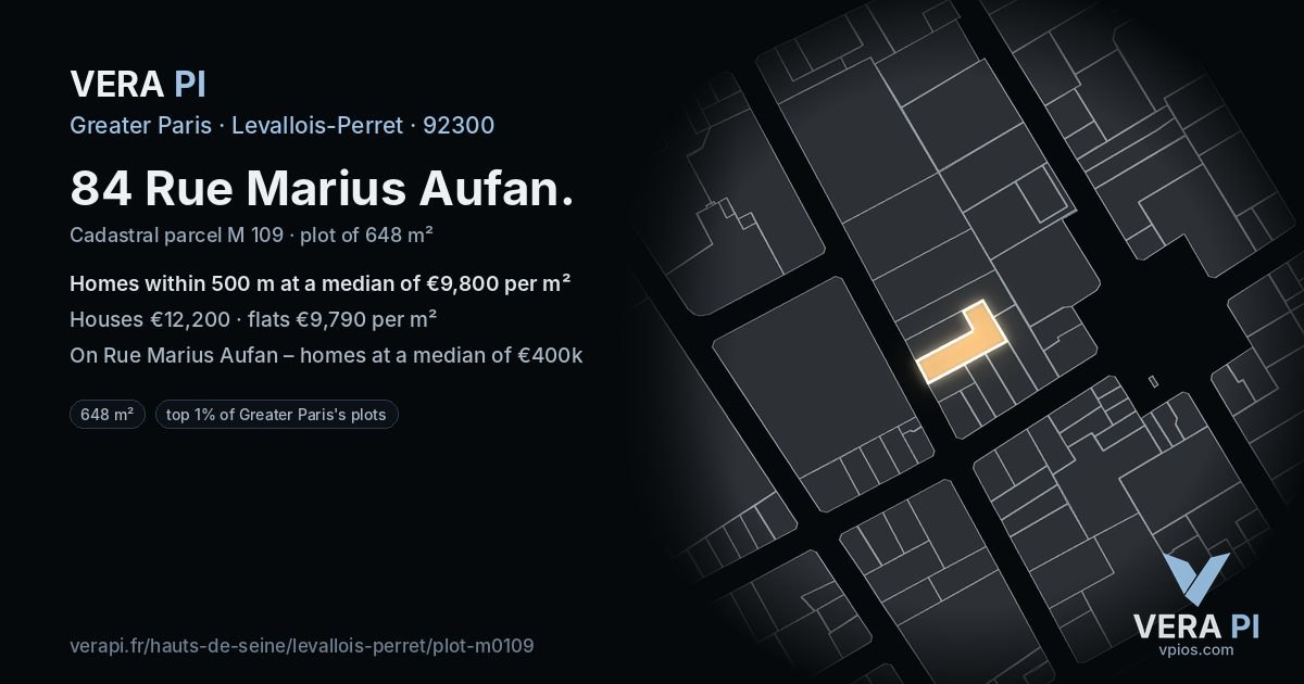 84 Rue Marius Aufan, Levallois-Perret at night – the plot lit, the parcels around coloured by the prices near them