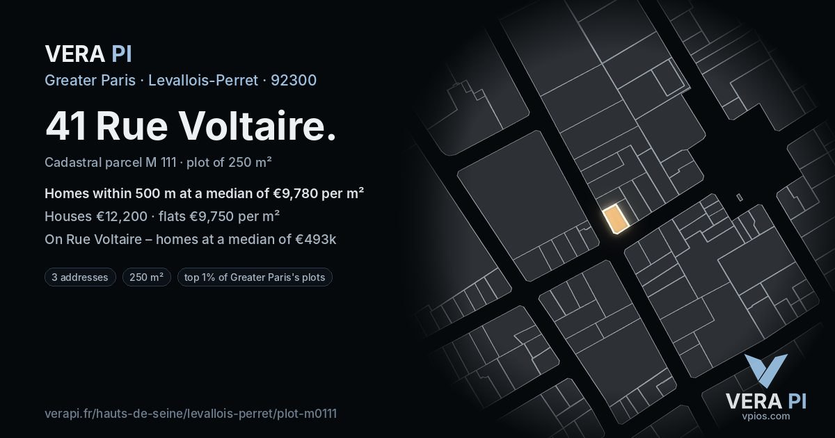 41 Rue Voltaire, Levallois-Perret at night – the plot lit, the parcels around coloured by the prices near them