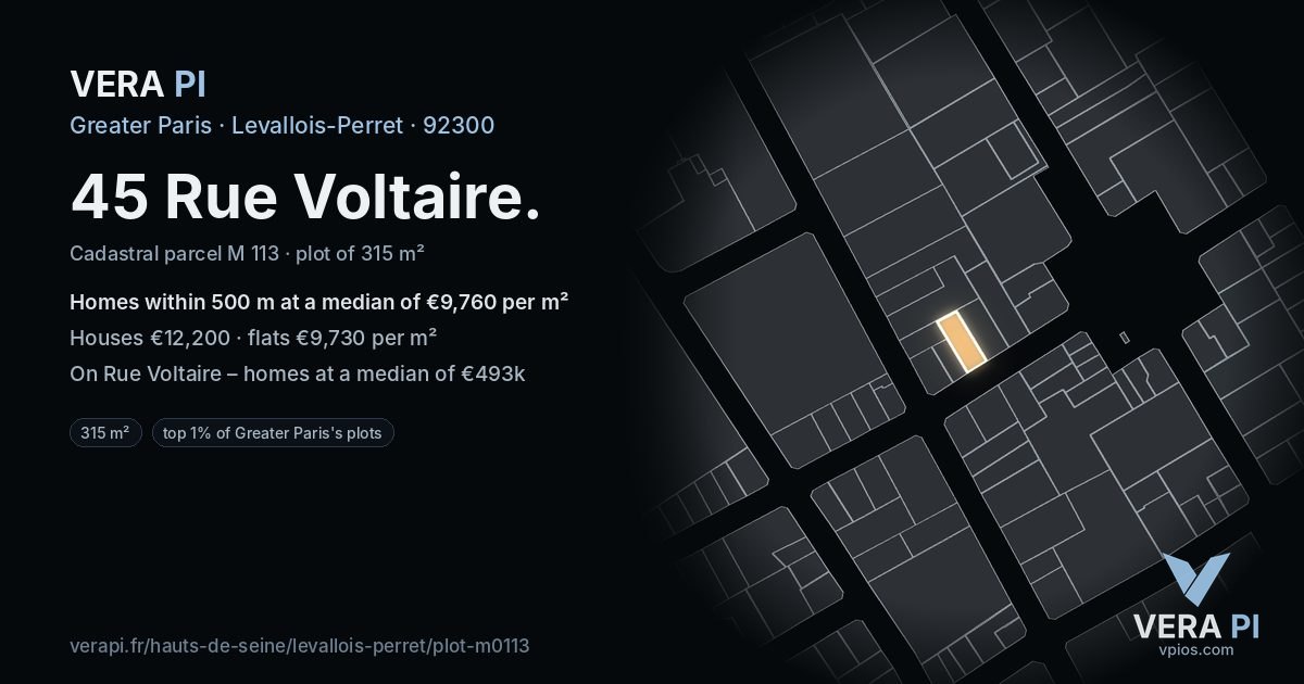 45 Rue Voltaire, Levallois-Perret at night – the plot lit, the parcels around coloured by the prices near them