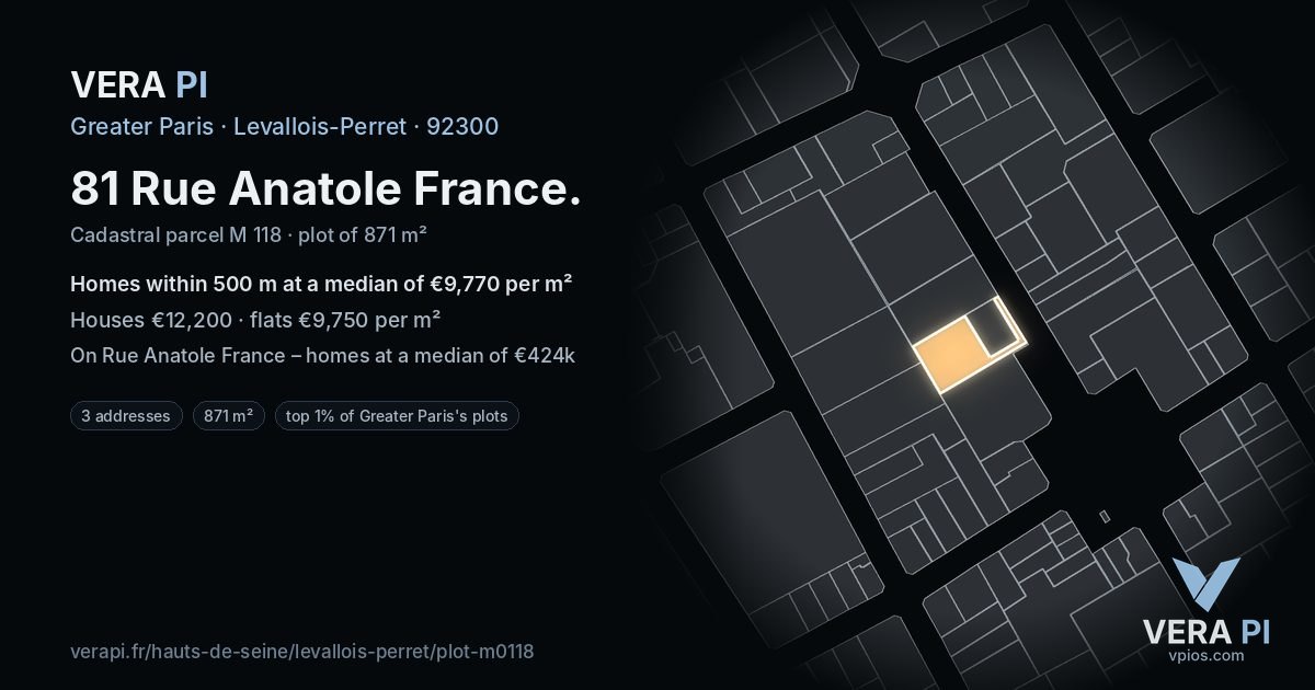 81 Rue Anatole France, Levallois-Perret at night – the plot lit, the parcels around coloured by the prices near them