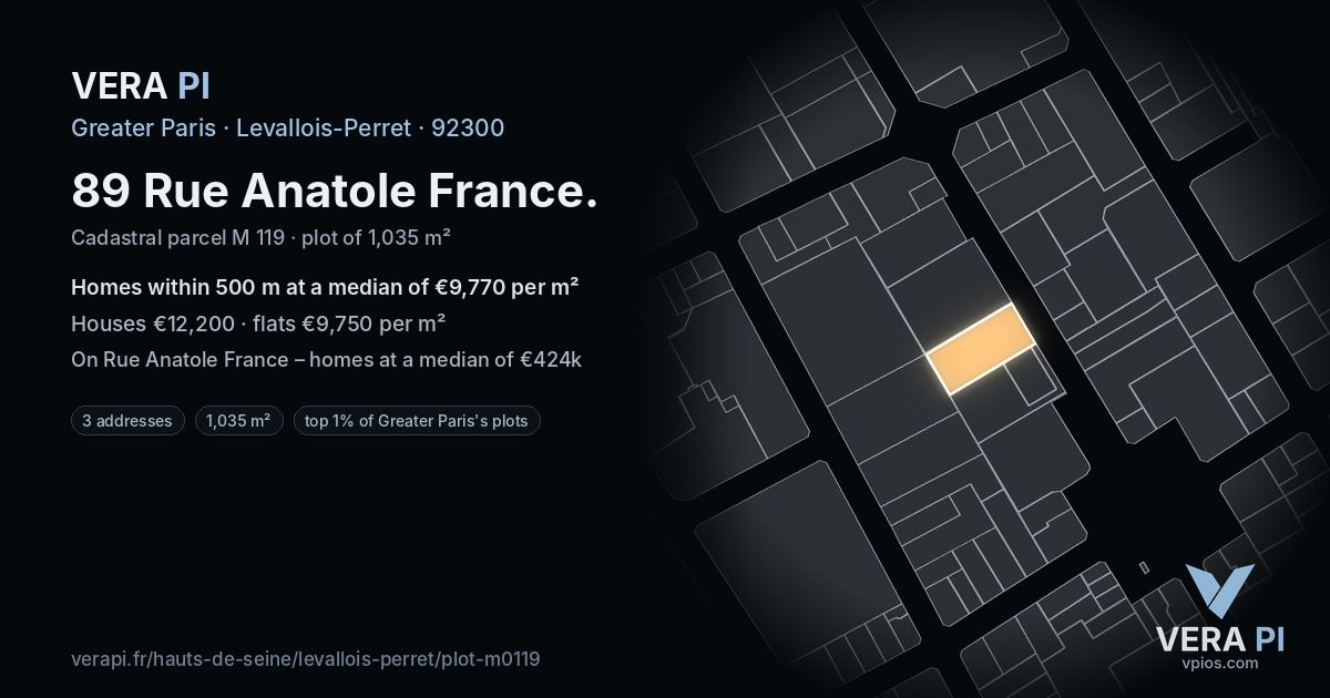 89 Rue Anatole France, Levallois-Perret at night – the plot lit, the parcels around coloured by the prices near them