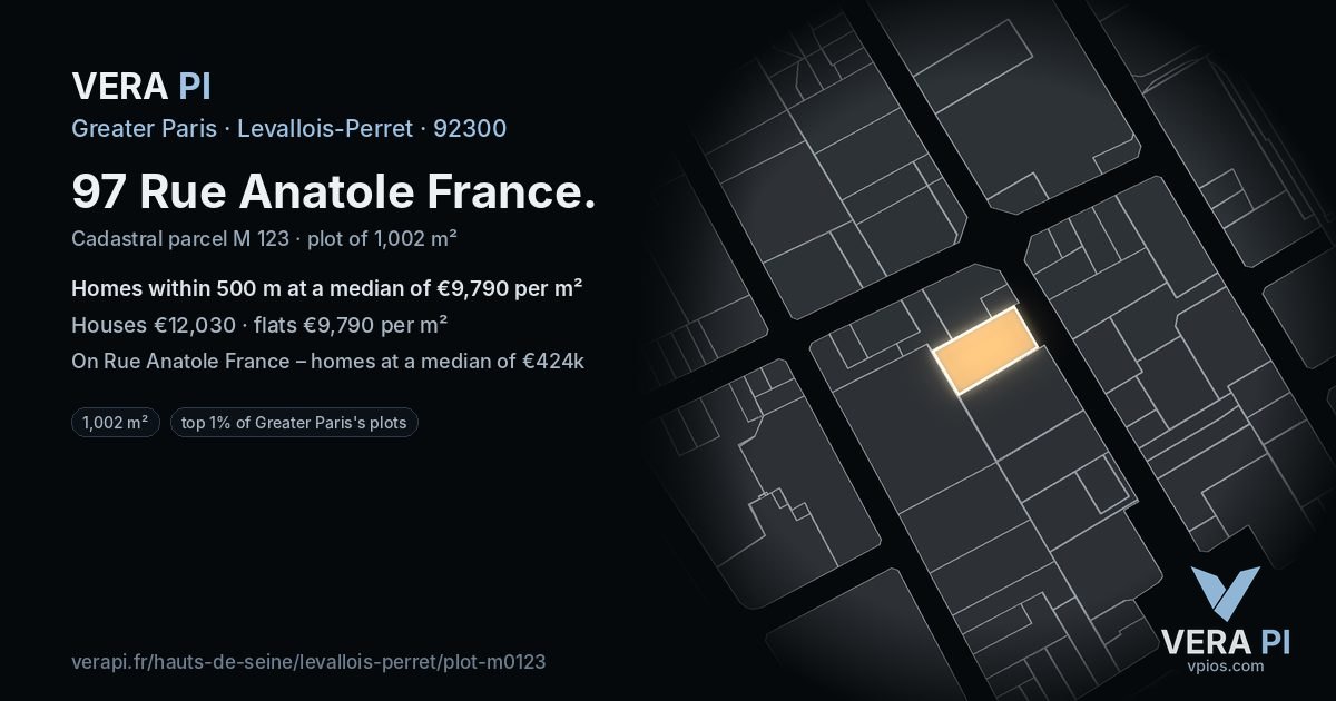 97 Rue Anatole France, Levallois-Perret at night – the plot lit, the parcels around coloured by the prices near them
