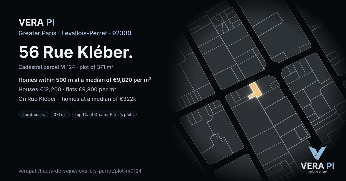56 Rue Kléber, Levallois-Perret at night – the plot lit, the parcels around coloured by the prices near them