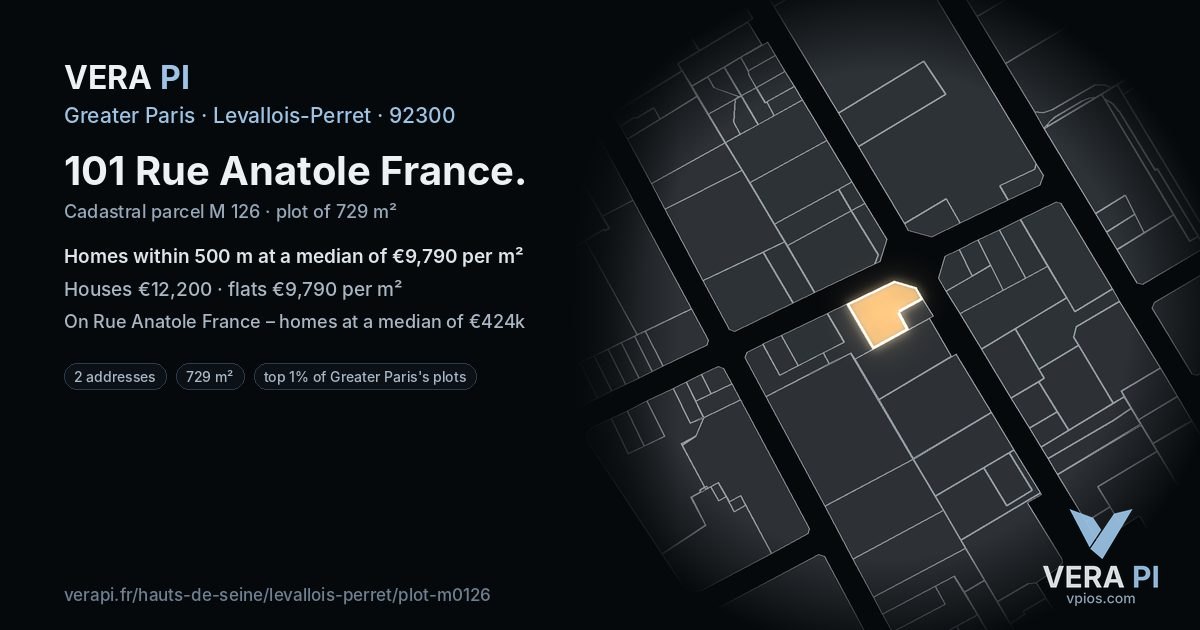 101 Rue Anatole France, Levallois-Perret at night – the plot lit, the parcels around coloured by the prices near them