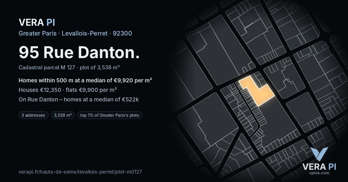 95 Rue Danton, Levallois-Perret at night – the plot lit, the parcels around coloured by the prices near them