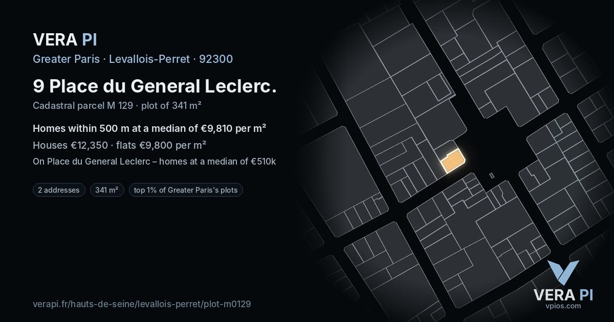9 Place du General Leclerc, Levallois-Perret at night – the plot lit, the parcels around coloured by the prices near them