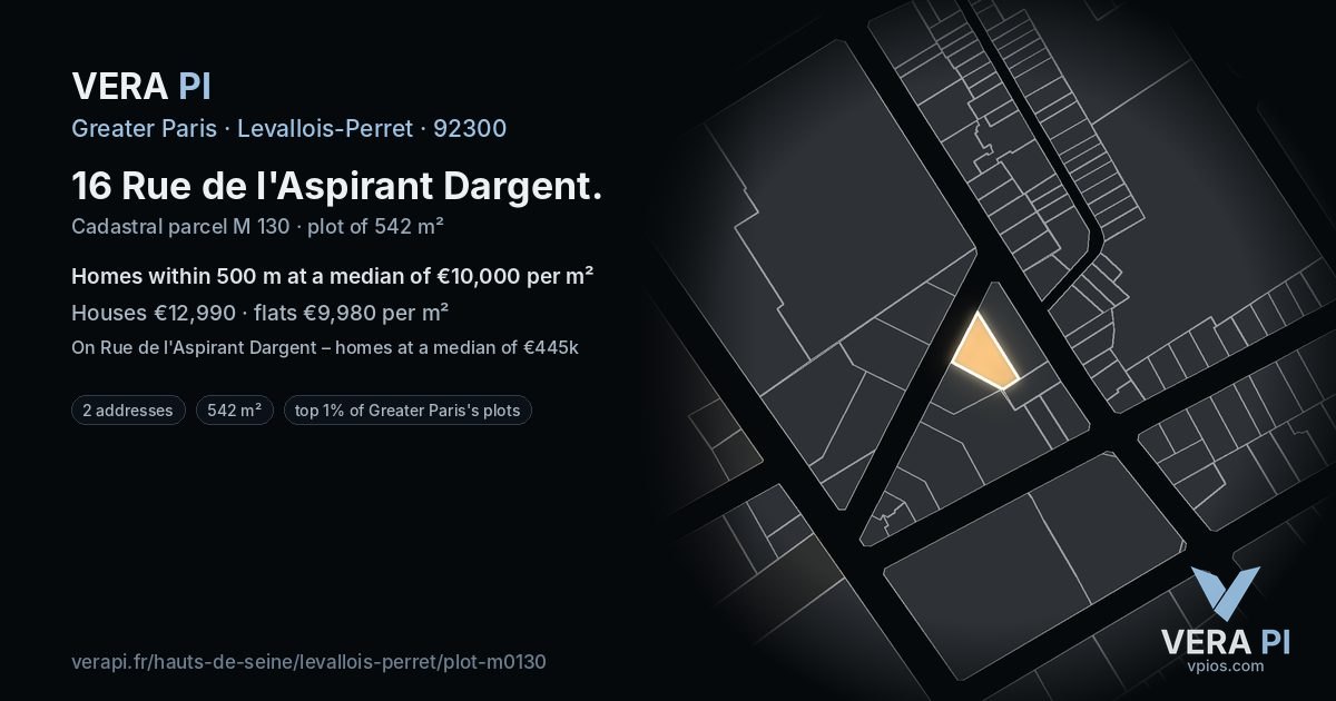 16 Rue de l'Aspirant Dargent, Levallois-Perret at night – the plot lit, the parcels around coloured by the prices near them