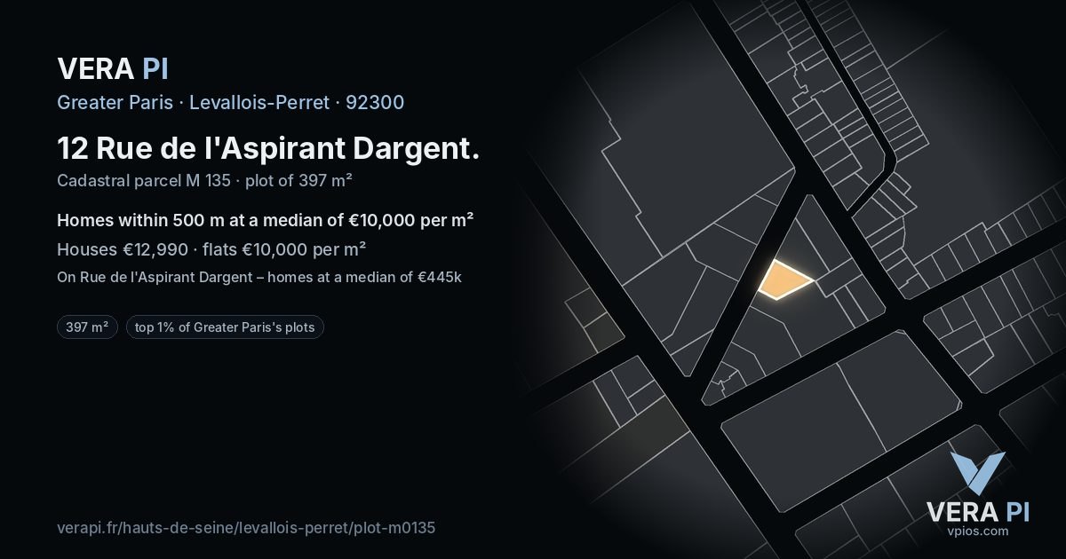 12 Rue de l'Aspirant Dargent, Levallois-Perret at night – the plot lit, the parcels around coloured by the prices near them