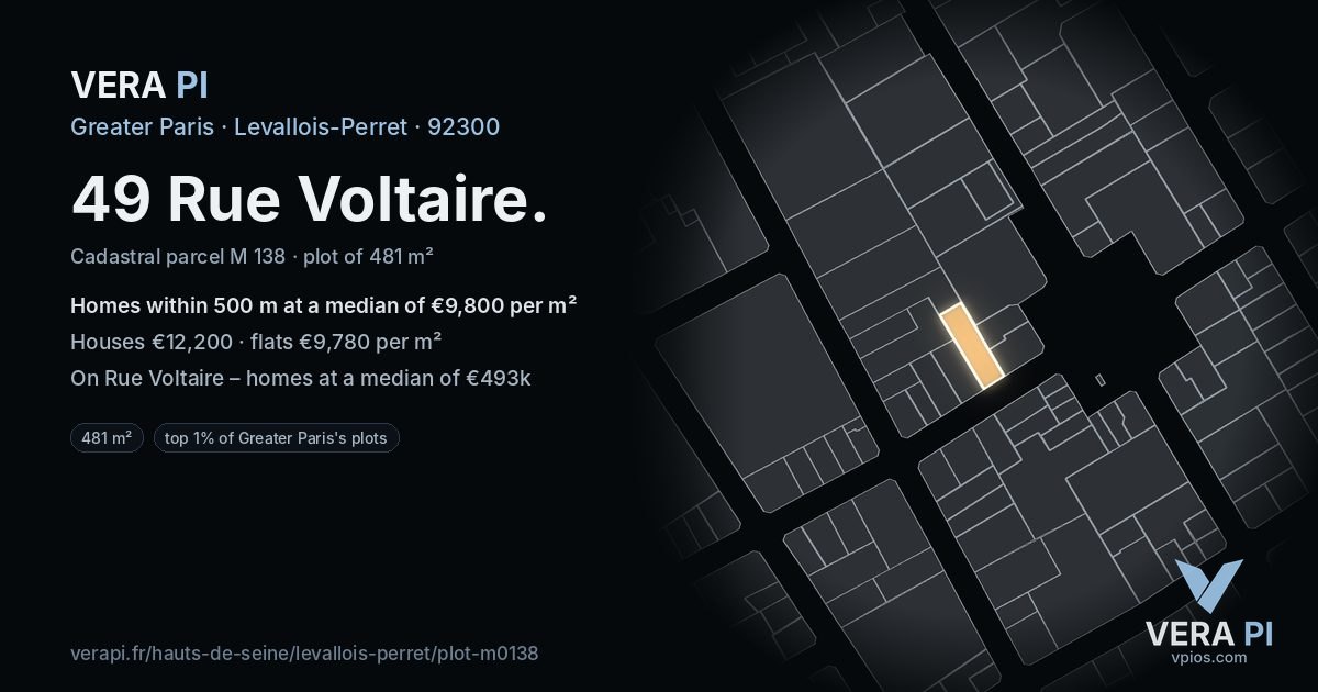 49 Rue Voltaire, Levallois-Perret at night – the plot lit, the parcels around coloured by the prices near them