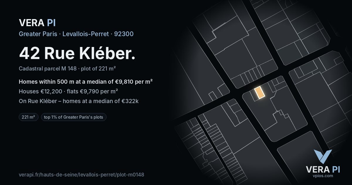 42 Rue Kléber, Levallois-Perret at night – the plot lit, the parcels around coloured by the prices near them