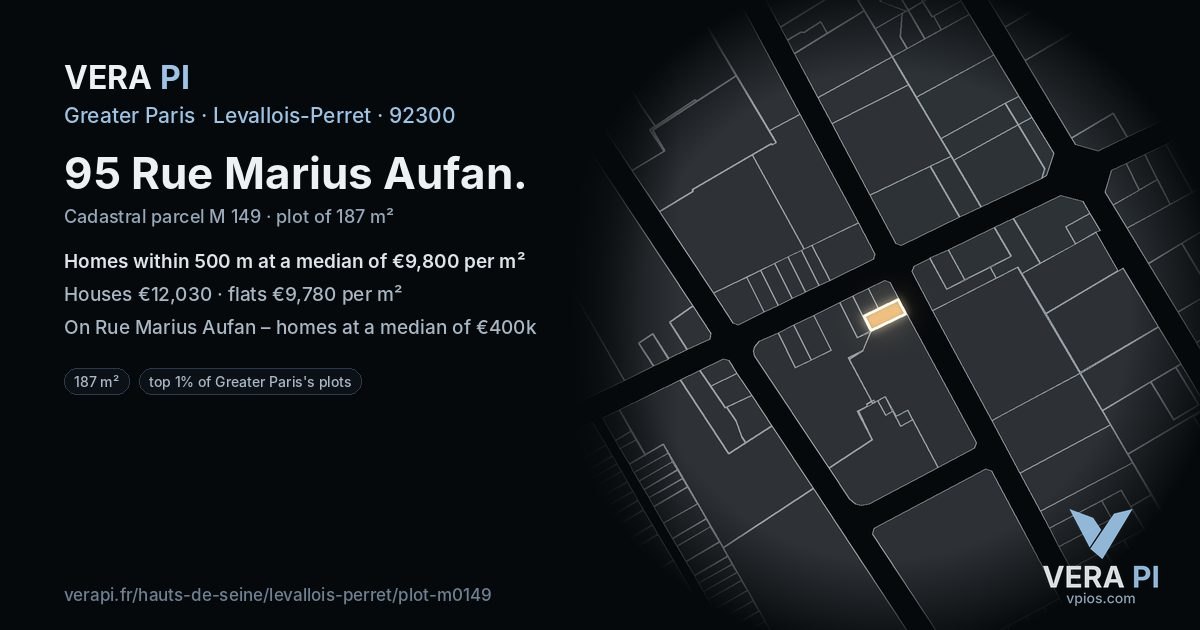 95 Rue Marius Aufan, Levallois-Perret at night – the plot lit, the parcels around coloured by the prices near them