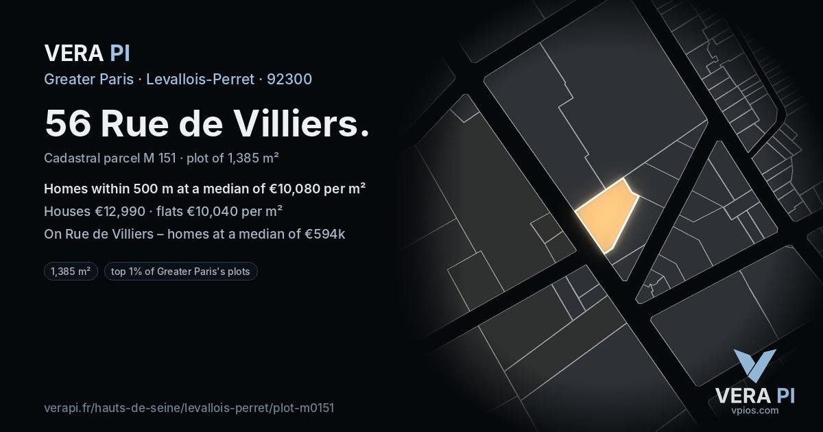 56 Rue de Villiers, Levallois-Perret at night – the plot lit, the parcels around coloured by the prices near them