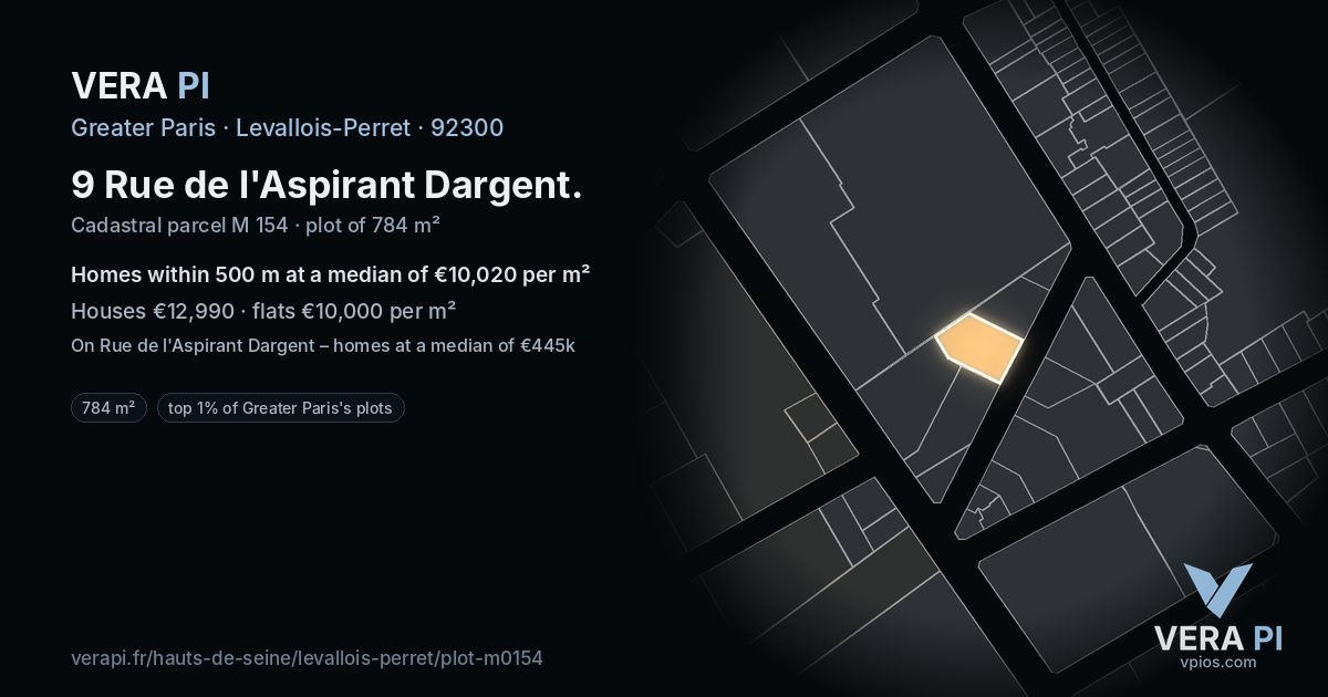9 Rue de l'Aspirant Dargent, Levallois-Perret at night – the plot lit, the parcels around coloured by the prices near them