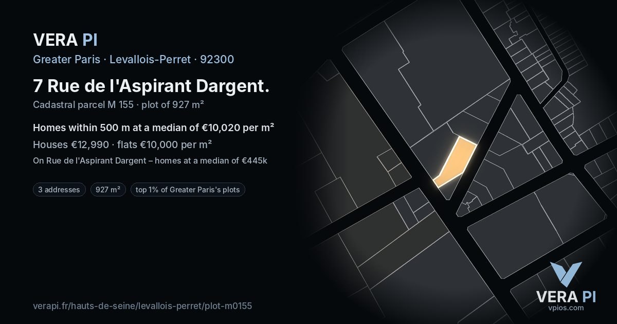 7 Rue de l'Aspirant Dargent, Levallois-Perret at night – the plot lit, the parcels around coloured by the prices near them