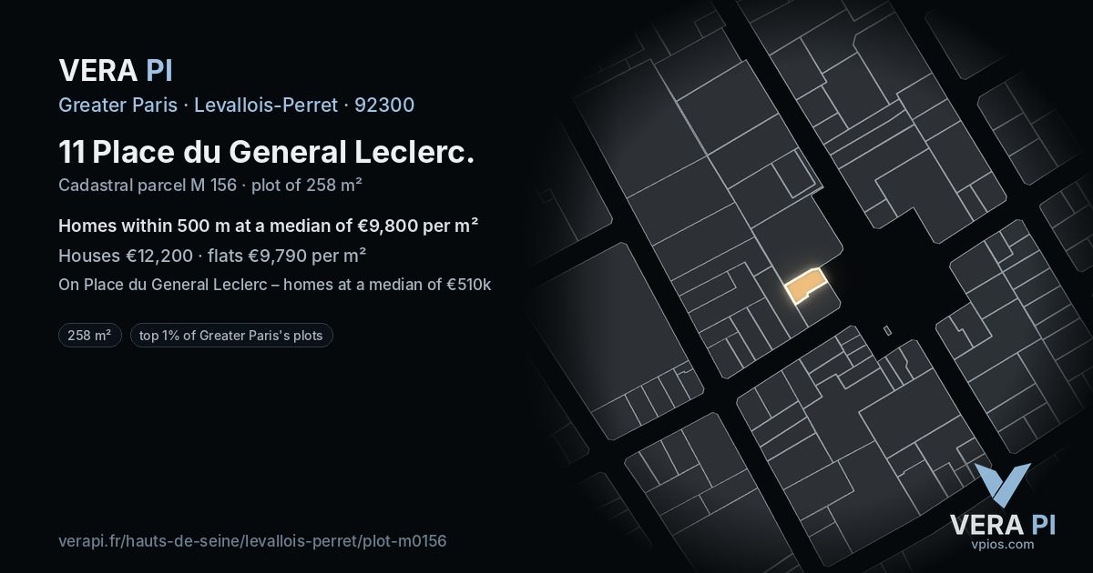 11 Place du General Leclerc, Levallois-Perret at night – the plot lit, the parcels around coloured by the prices near them