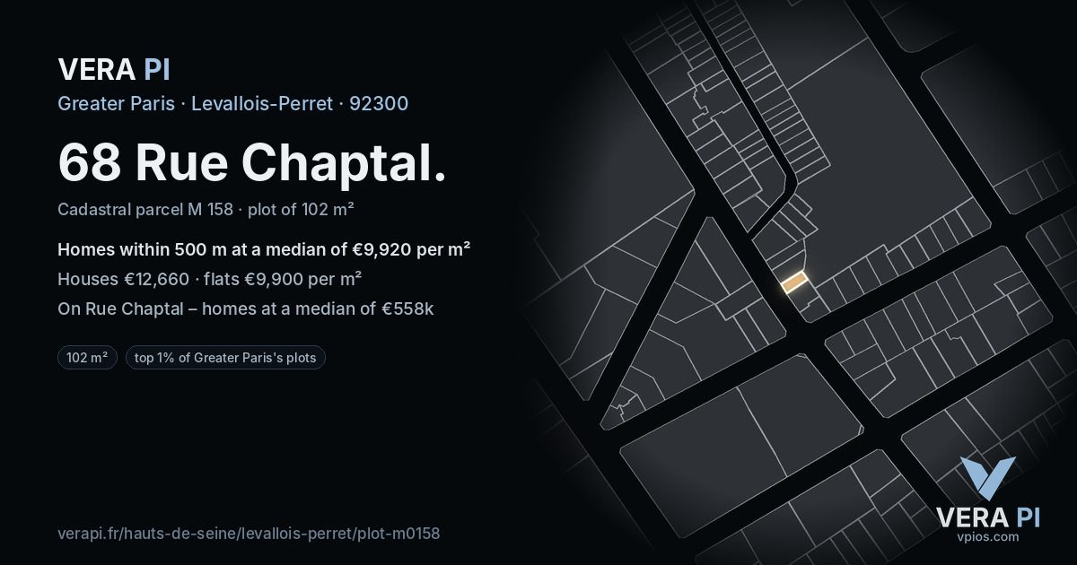 68 Rue Chaptal, Levallois-Perret at night – the plot lit, the parcels around coloured by the prices near them