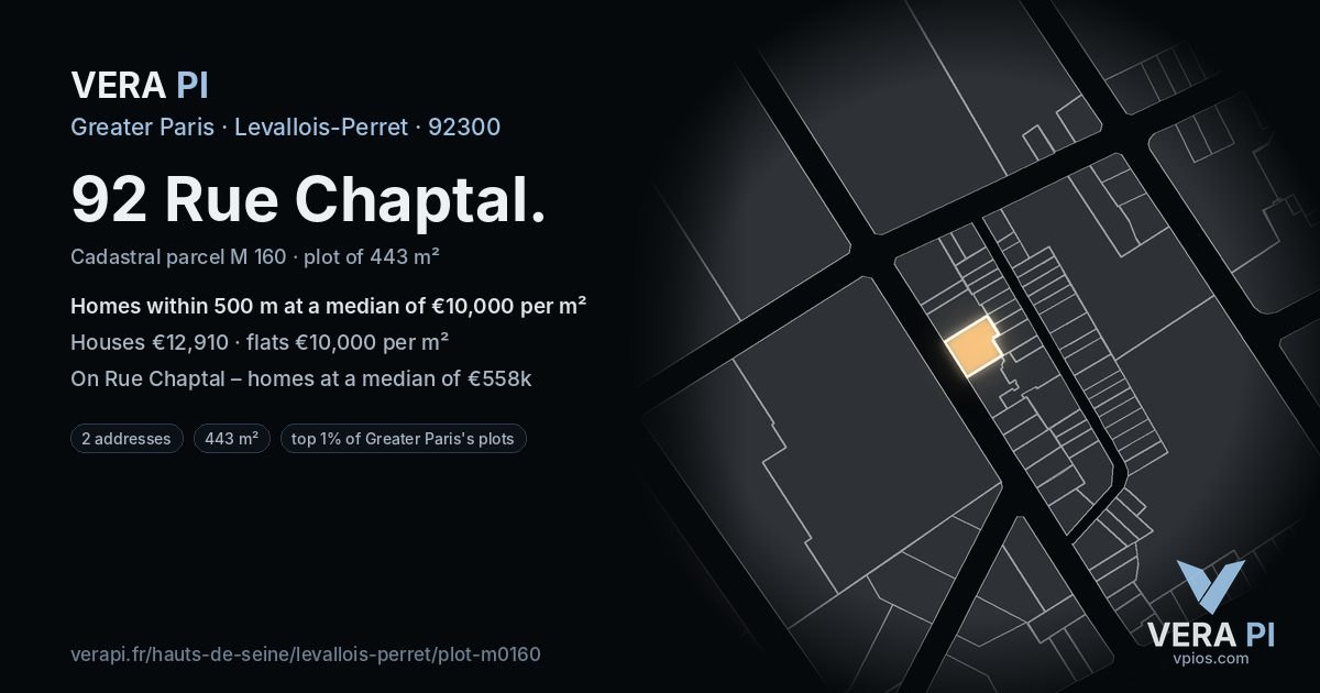 92 Rue Chaptal, Levallois-Perret at night – the plot lit, the parcels around coloured by the prices near them