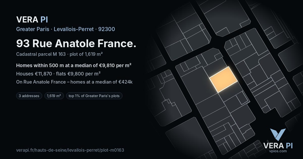 93 Rue Anatole France, Levallois-Perret at night – the plot lit, the parcels around coloured by the prices near them
