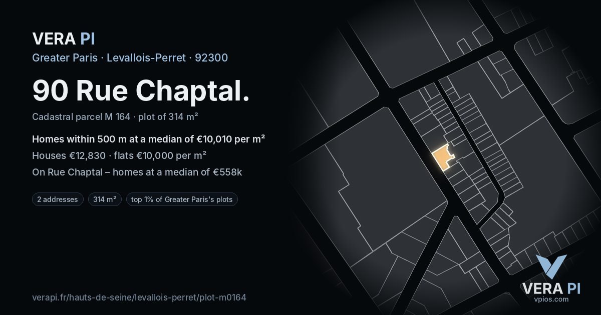 90 Rue Chaptal, Levallois-Perret at night – the plot lit, the parcels around coloured by the prices near them
