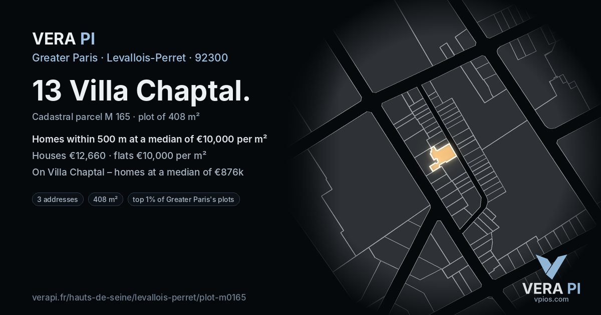 13 Villa Chaptal, Levallois-Perret at night – the plot lit, the parcels around coloured by the prices near them