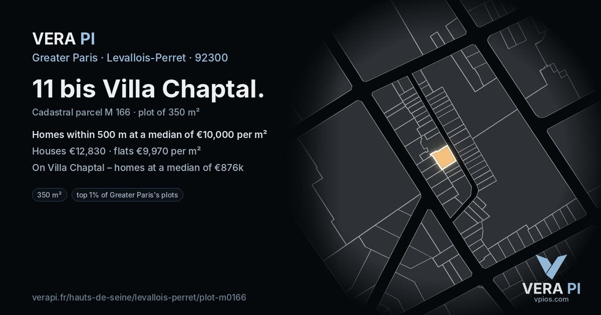 11 bis Villa Chaptal, Levallois-Perret at night – the plot lit, the parcels around coloured by the prices near them