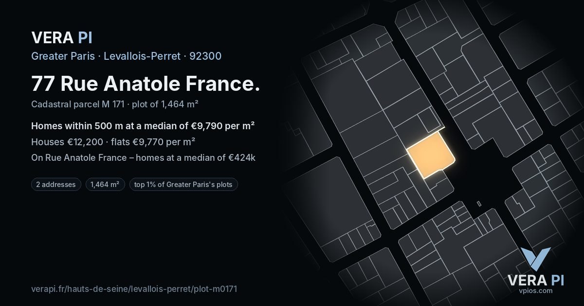 77 Rue Anatole France, Levallois-Perret at night – the plot lit, the parcels around coloured by the prices near them