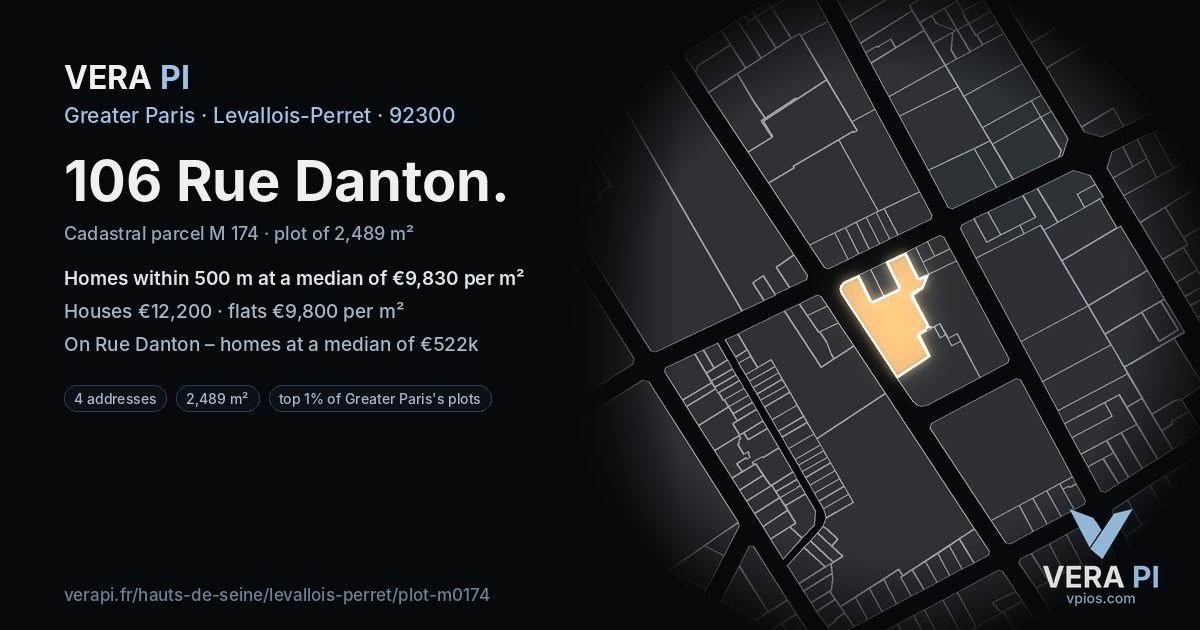 106 Rue Danton, Levallois-Perret at night – the plot lit, the parcels around coloured by the prices near them