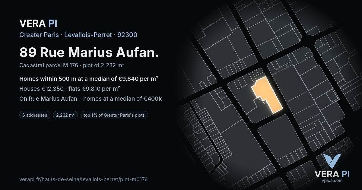 89 Rue Marius Aufan, Levallois-Perret at night – the plot lit, the parcels around coloured by the prices near them