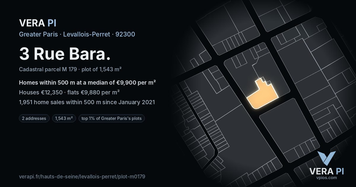 3 Rue Bara, Levallois-Perret at night – the plot lit, the parcels around coloured by the prices near them