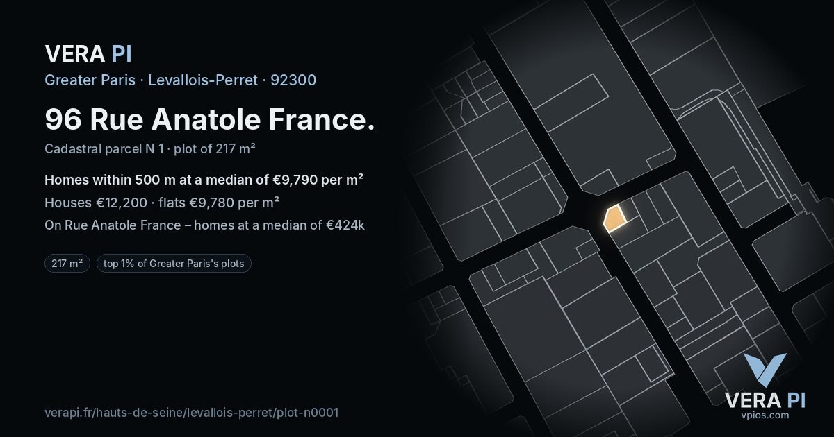 96 Rue Anatole France, Levallois-Perret at night – the plot lit, the parcels around coloured by the prices near them