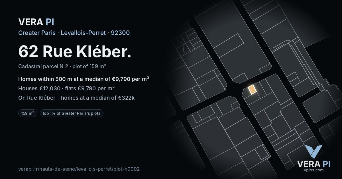 62 Rue Kléber, Levallois-Perret at night – the plot lit, the parcels around coloured by the prices near them