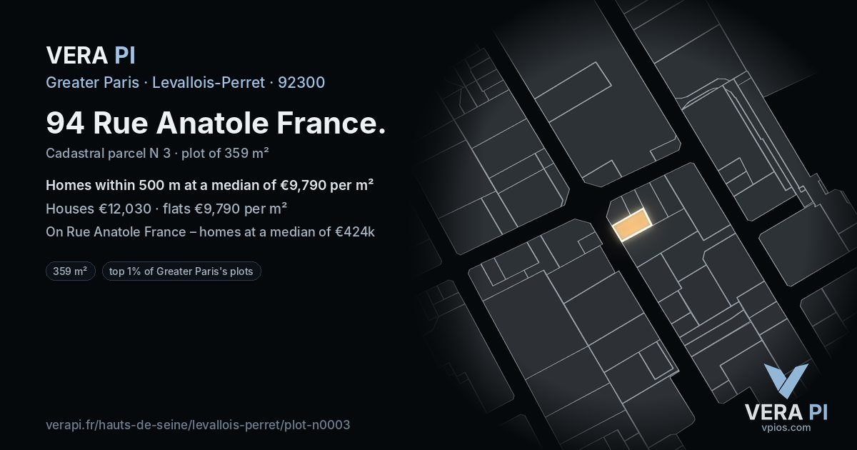 94 Rue Anatole France, Levallois-Perret at night – the plot lit, the parcels around coloured by the prices near them