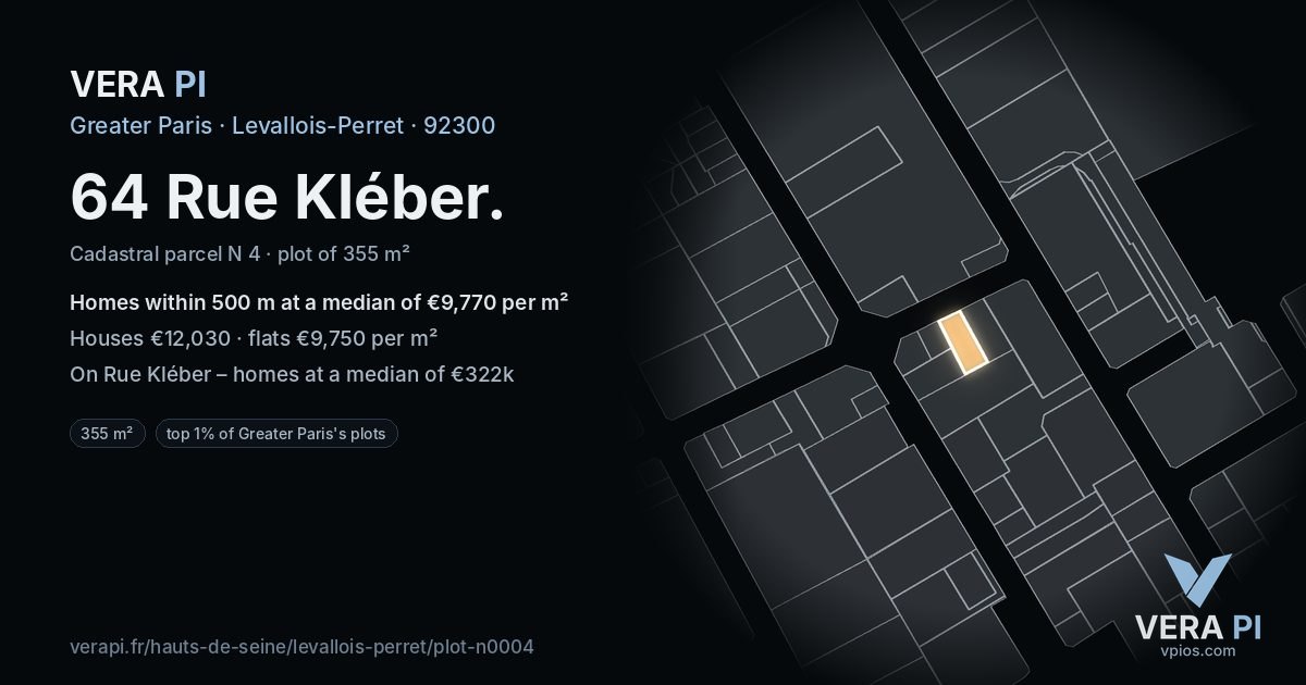 64 Rue Kléber, Levallois-Perret at night – the plot lit, the parcels around coloured by the prices near them