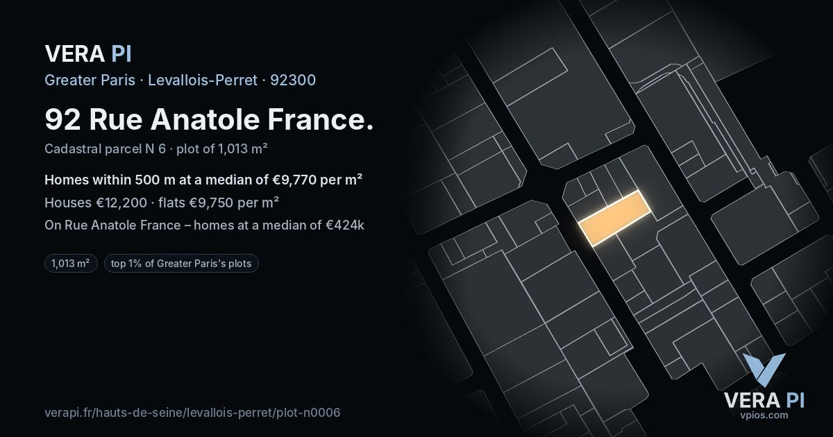 92 Rue Anatole France, Levallois-Perret at night – the plot lit, the parcels around coloured by the prices near them