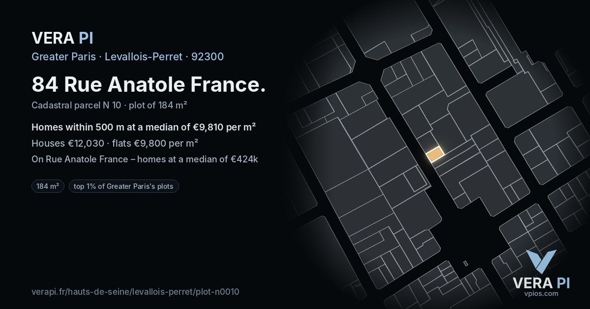 84 Rue Anatole France, Levallois-Perret at night – the plot lit, the parcels around coloured by the prices near them