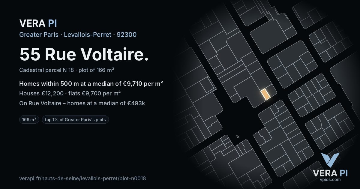 55 Rue Voltaire, Levallois-Perret at night – the plot lit, the parcels around coloured by the prices near them