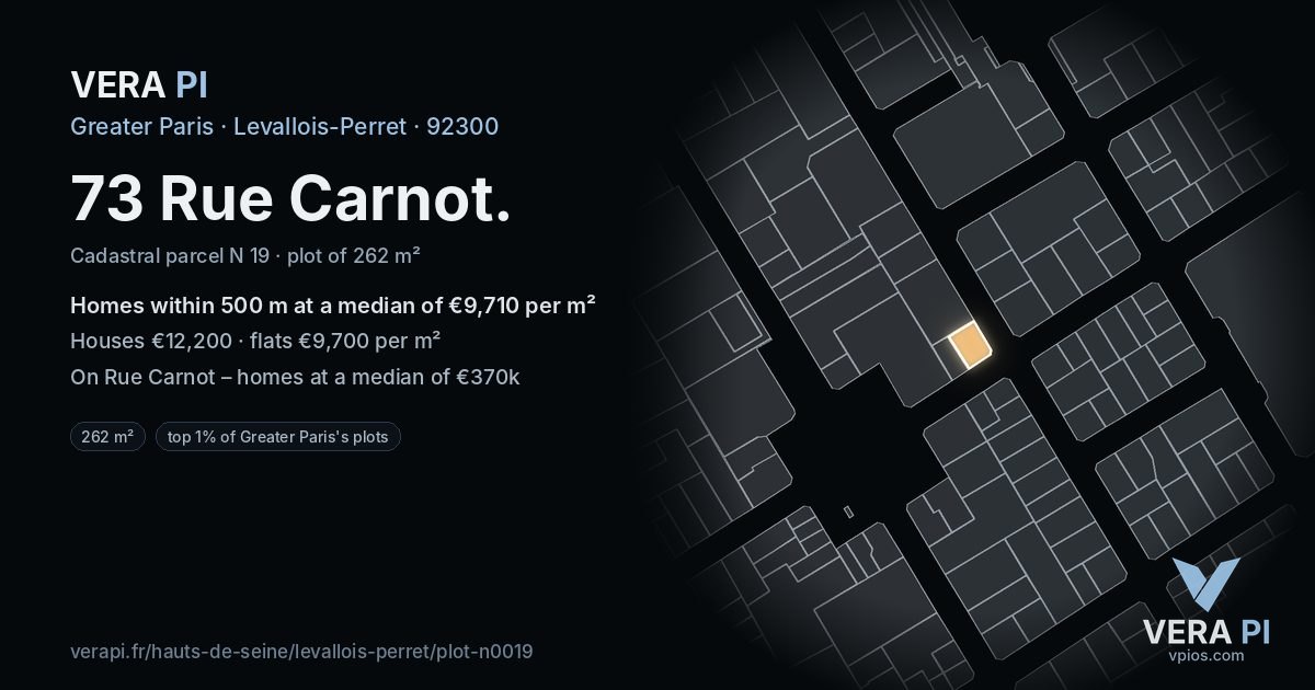 73 Rue Carnot, Levallois-Perret at night – the plot lit, the parcels around coloured by the prices near them