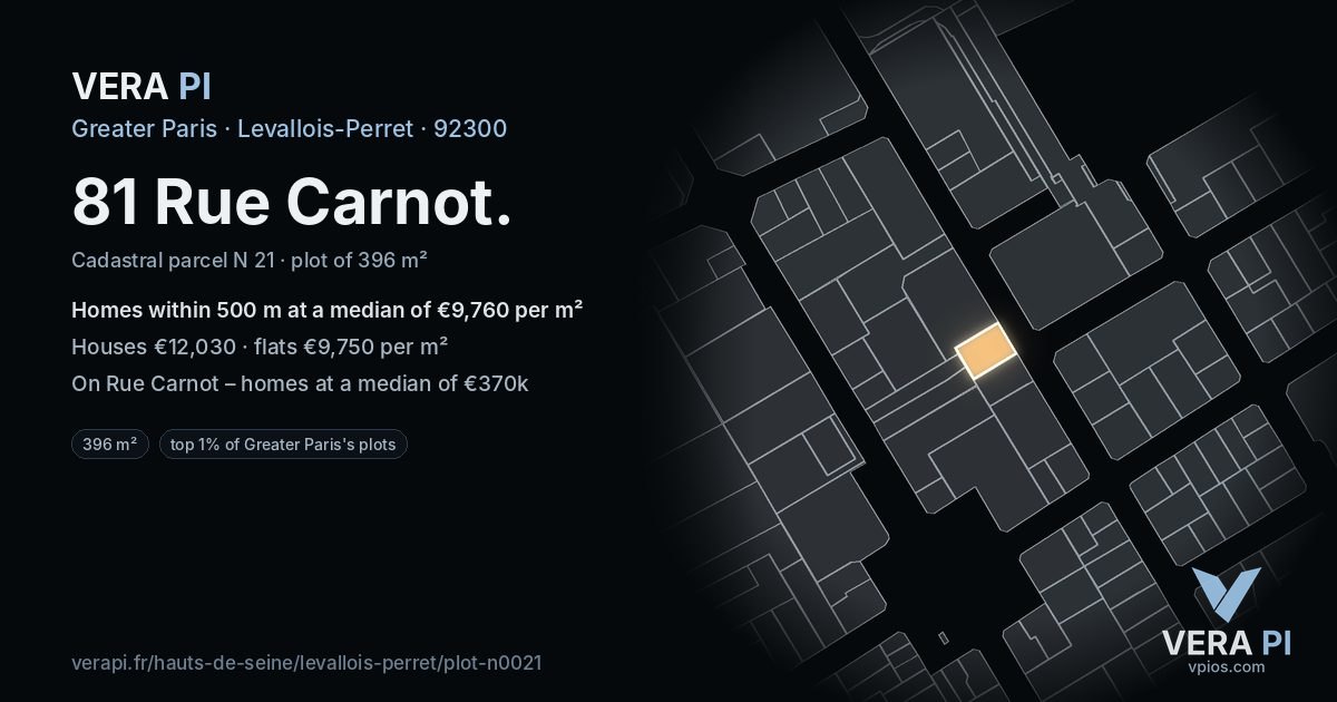 81 Rue Carnot, Levallois-Perret at night – the plot lit, the parcels around coloured by the prices near them