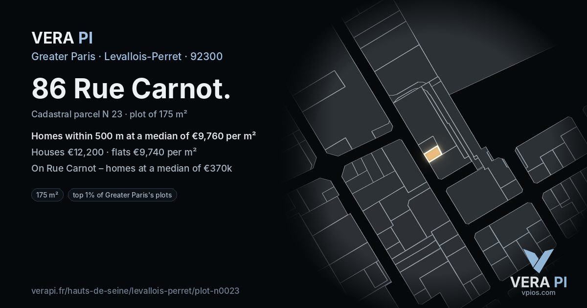 86 Rue Carnot, Levallois-Perret at night – the plot lit, the parcels around coloured by the prices near them